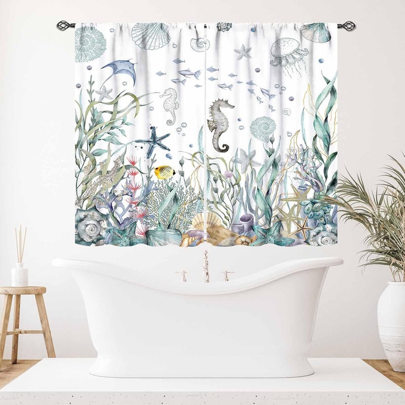 Lnepty Nautical Beach Curtains,Coastal Seahorse Undersea Animal Blue Bedroom Kids Room Drapes Treatments,Ocean Coral Summer Living Room Bathroom Window Curtains 2 Piece Set,55X39 Inch - Image 5
